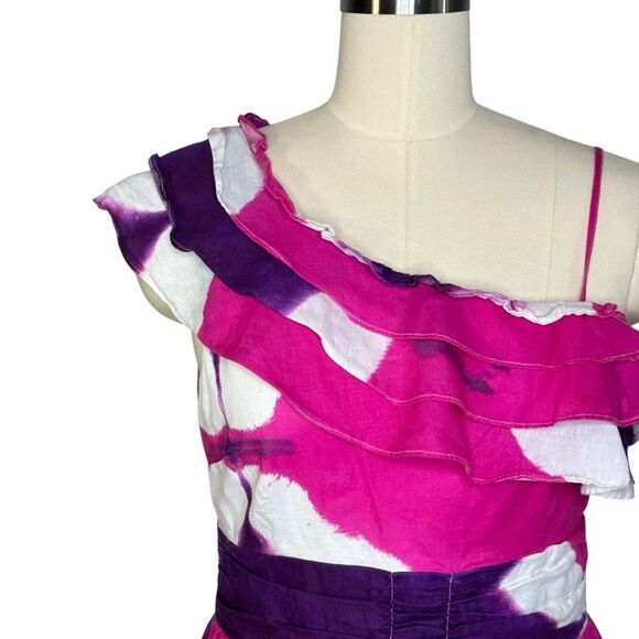 Busayo Collective Purple and Pink Tie Dye Ruffle One-Shoulder Midi Dress | 6 - Picture 6 of 12